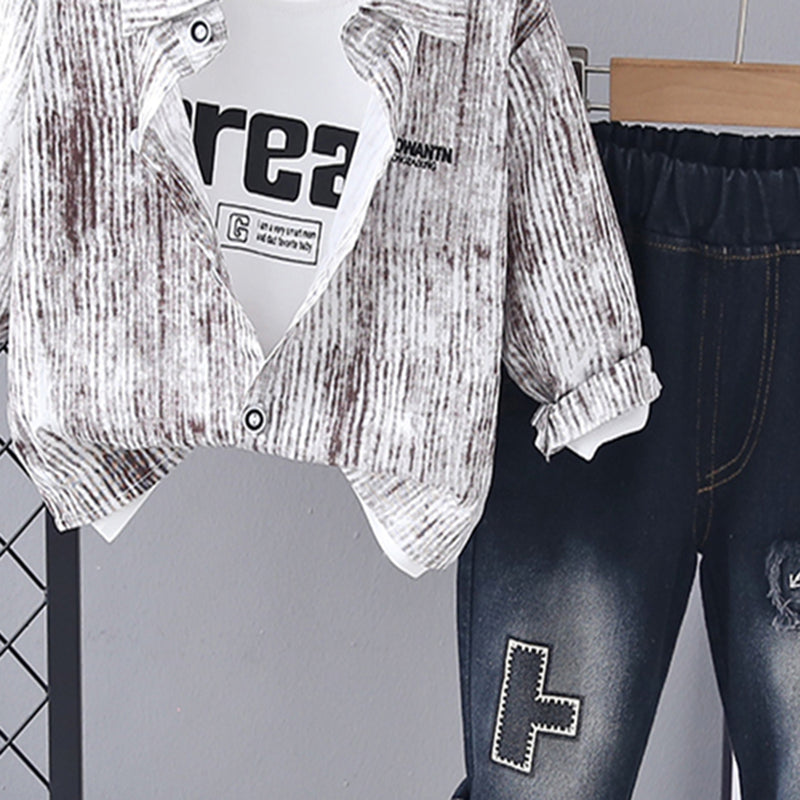Boys Brown Abstract Printed Shirt With Printed T-Shirt & Denim Pants Set Sets