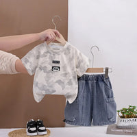 Boys Light Grey Camouflage Printed Round Neck T-Shirt With Denim Shorts Sets 2 pc. Sets Light Grey 1-2 Y