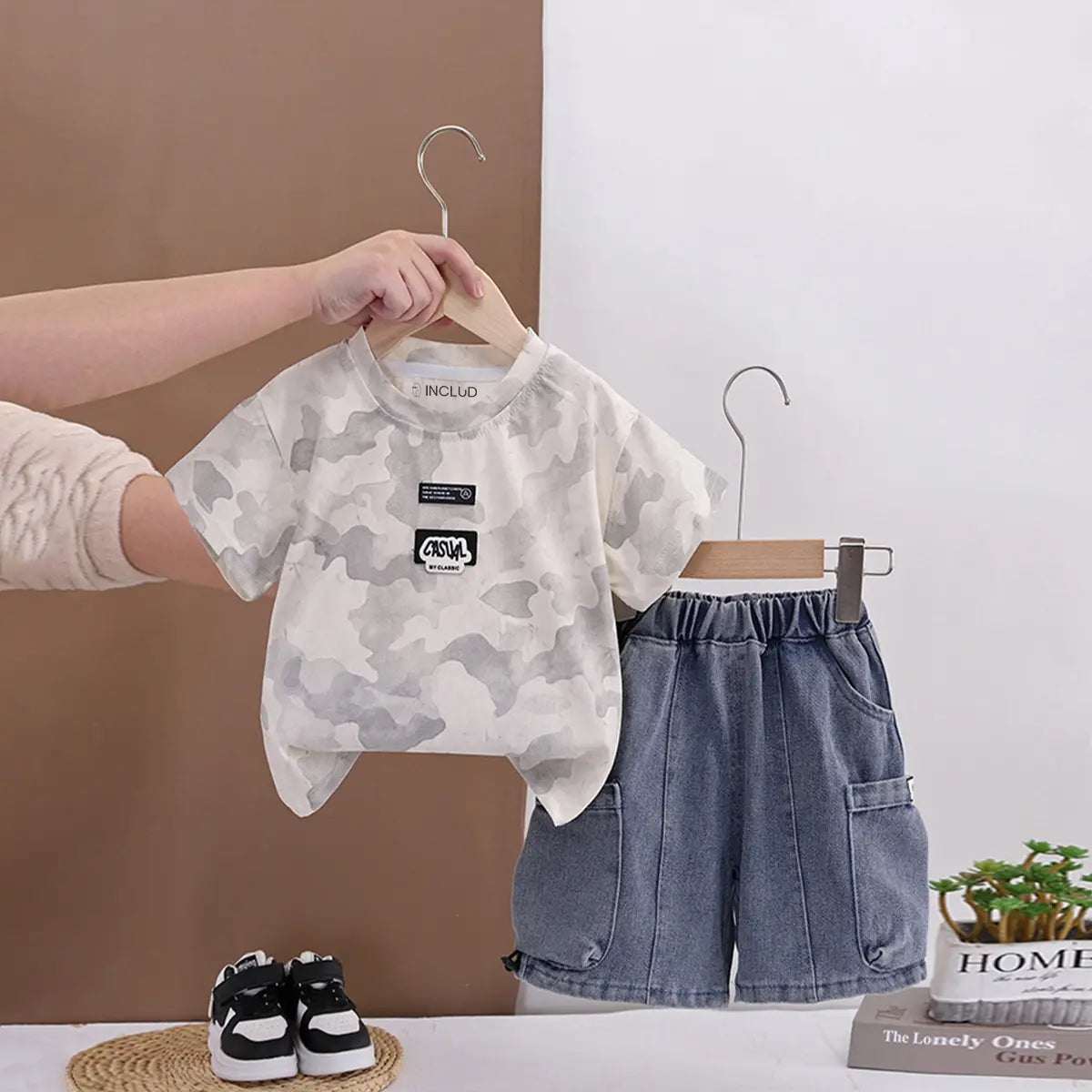 Boys Light Grey Camouflage Printed Round Neck T-Shirt With Denim Shorts Sets 2 pc. Sets Light Grey 1-2 Y
