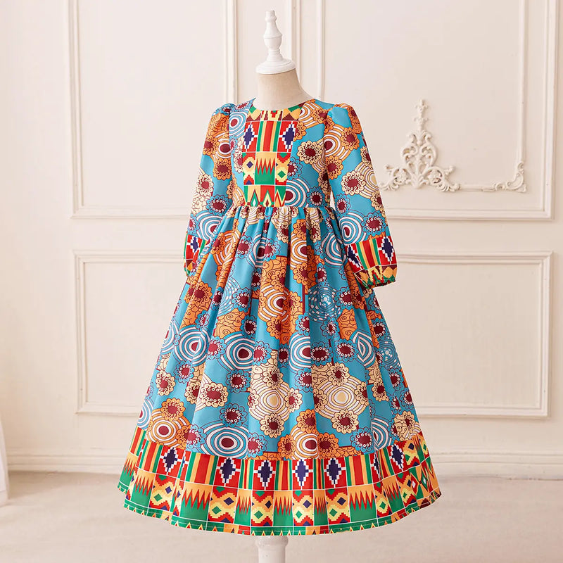 Girls Light Blue Floral Fit & Flare Dress With Long Sleeves Casual Dresses