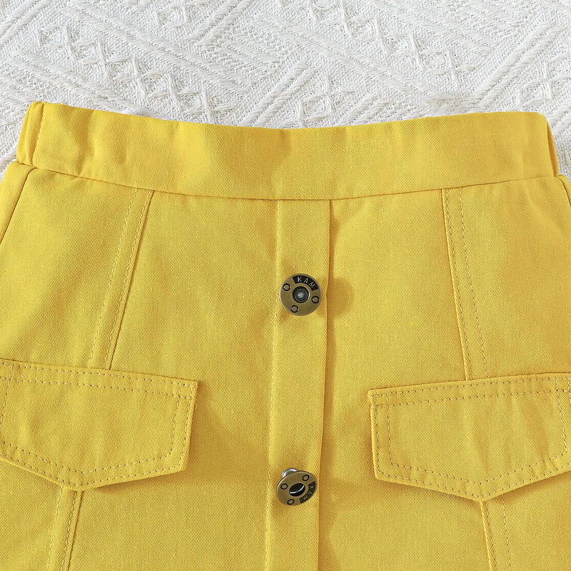 Girls Yellow Self-Design Crop Length Top With Skirt Sets 2 pc. Sets