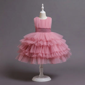 Girls Dusty Pink Sleeveless Layered Party Wear Dress Casual Dresses Pink 2-3 Y