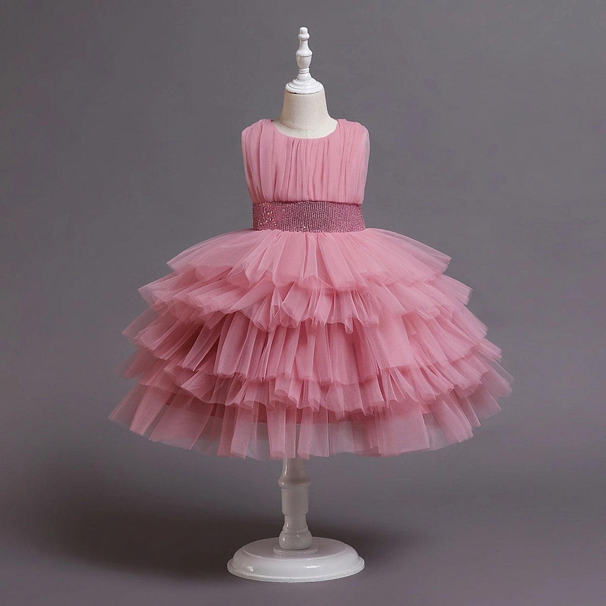 Girls Dusty Pink Sleeveless Layered Party Wear Dress Casual Dresses Pink 2-3 Y