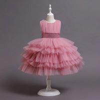 Girls Dusty Pink Sleeveless Layered Party Wear Dress Casual Dresses Pink 2-3 Y