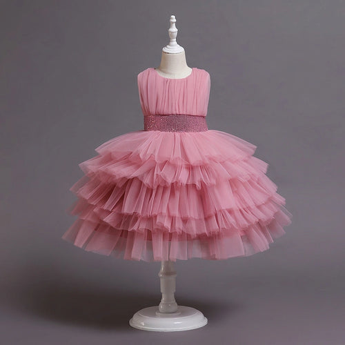 Girls Dusty Pink Sleeveless Layered Party Wear Dress Casual Dresses Pink 2-3 Y