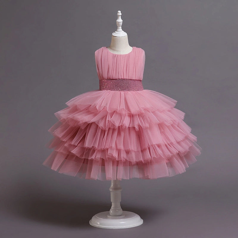 Girls Dusty Pink Sleeveless Layered Party Wear Dress Casual Dresses Pink 2-3 Y