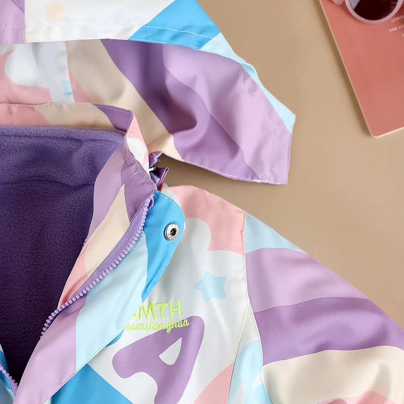 Girls Purple Diagonal Stripe Printed Hooded Zipper Jacket Coats & Jackets