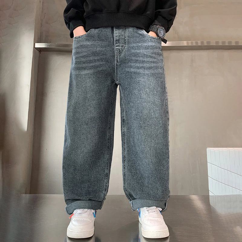 Boys Blue Relaxed Fit Wide Leg Denim Jeans with Elasticated Waist Pants Blue 5-6 Y