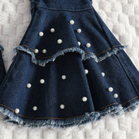 Girls White Butterfly Print Short Sleeves T-Shirt With Pearl Embellished Denim Pants Set Sets