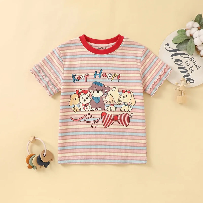 Girls Multicolor Puppy Striped Print Short Sleeve T-Shirt Tshirts Multicolor 1-2 Y