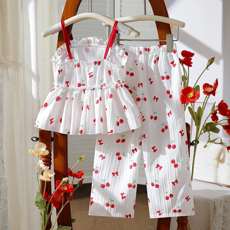 Girls White Cherry Printed Sleeveless Top With Elasticated Pants Sets 2 pc. Sets