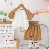 Boys Light Brown Raglan Sleeves Dinosaur Printed T-Shirt With Shorts Set 2 pc. Sets