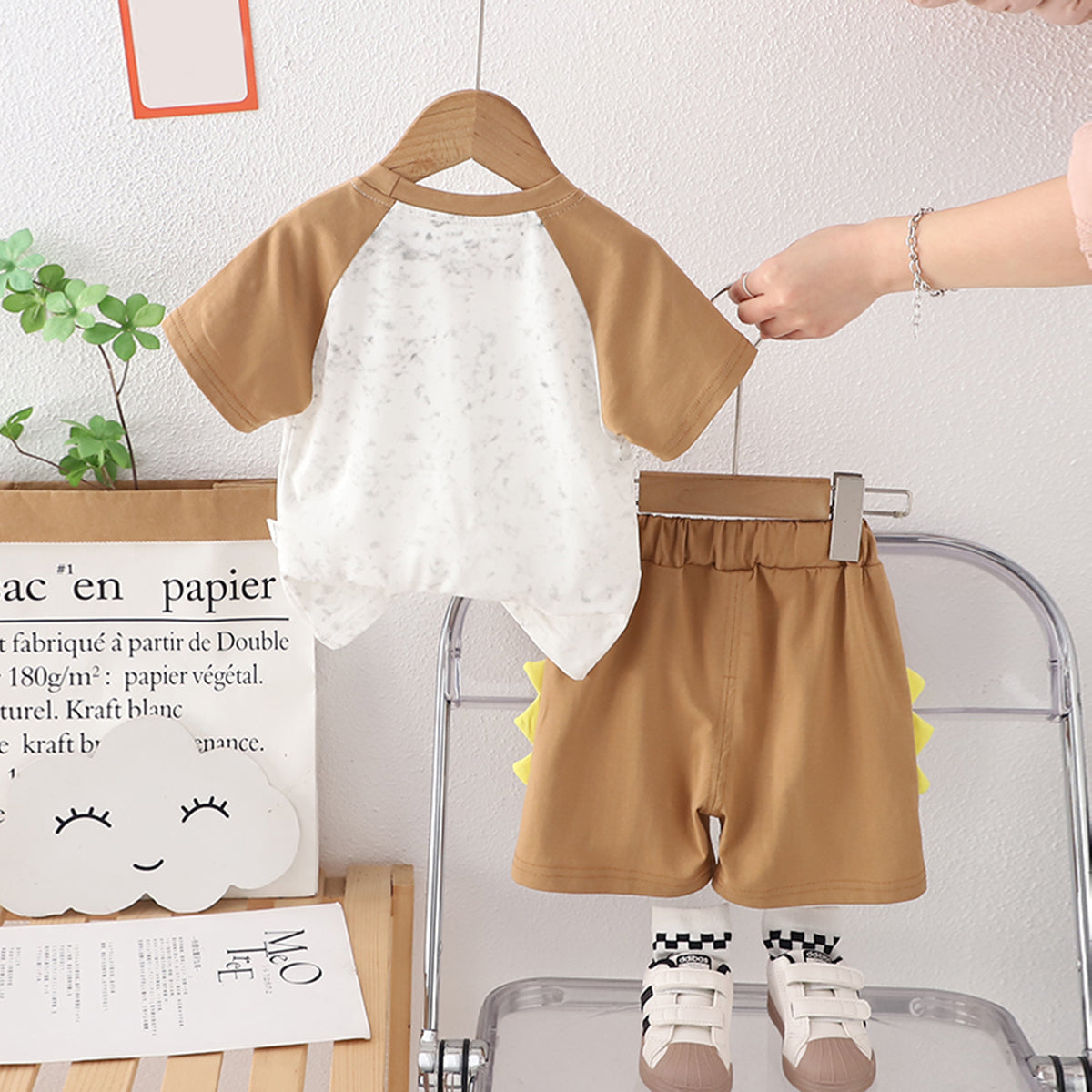 Boys Light Brown Raglan Sleeves Dinosaur Printed T-Shirt With Shorts Set 2 pc. Sets