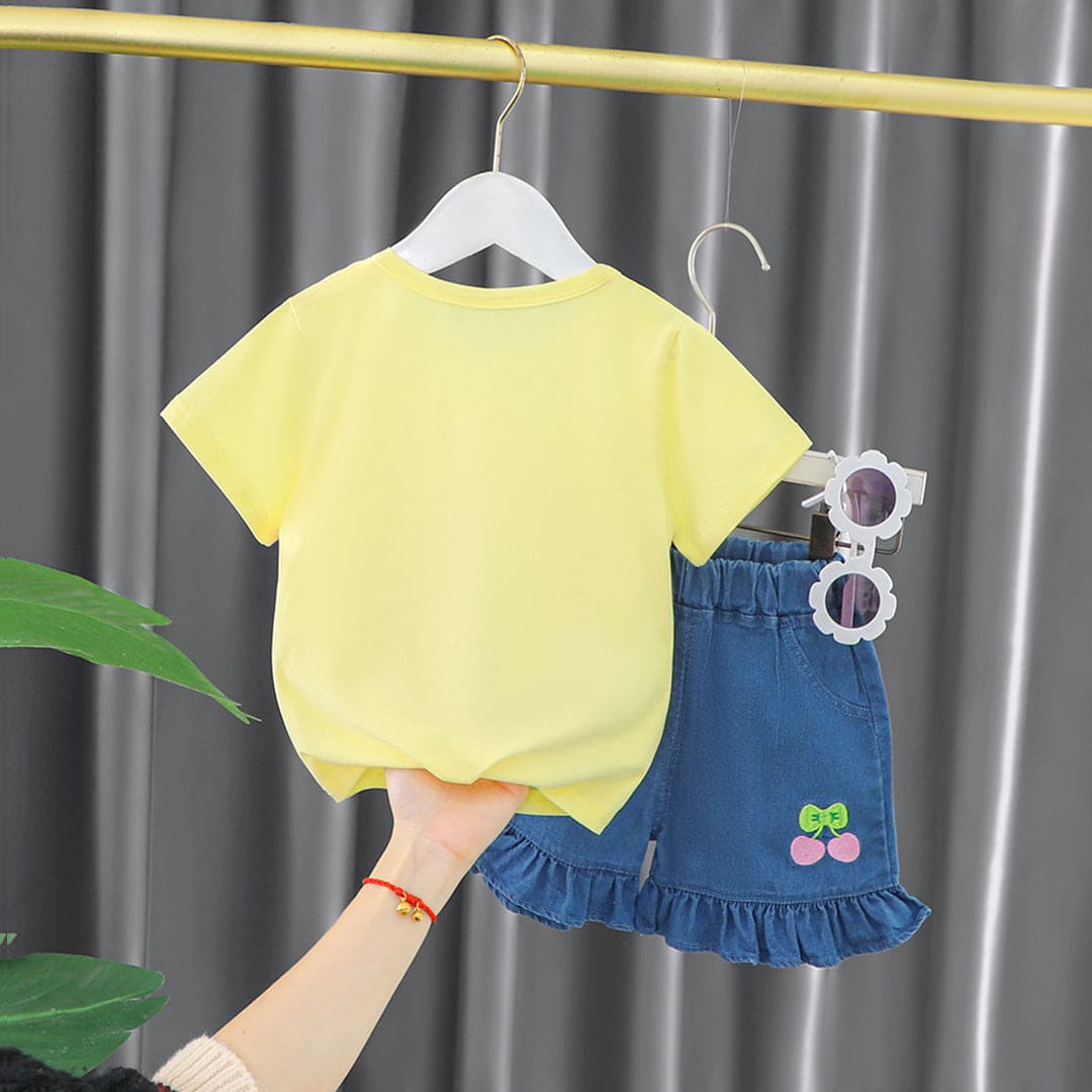 Girls Yellow Cherry Print Short Sleeve Top With Denim Shorts Sets   