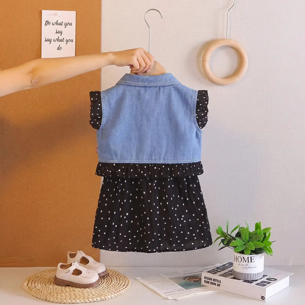 Girls Black Polka Dot Spaghetti Strap A-line Dress with Denim Jacket Casual Dresses