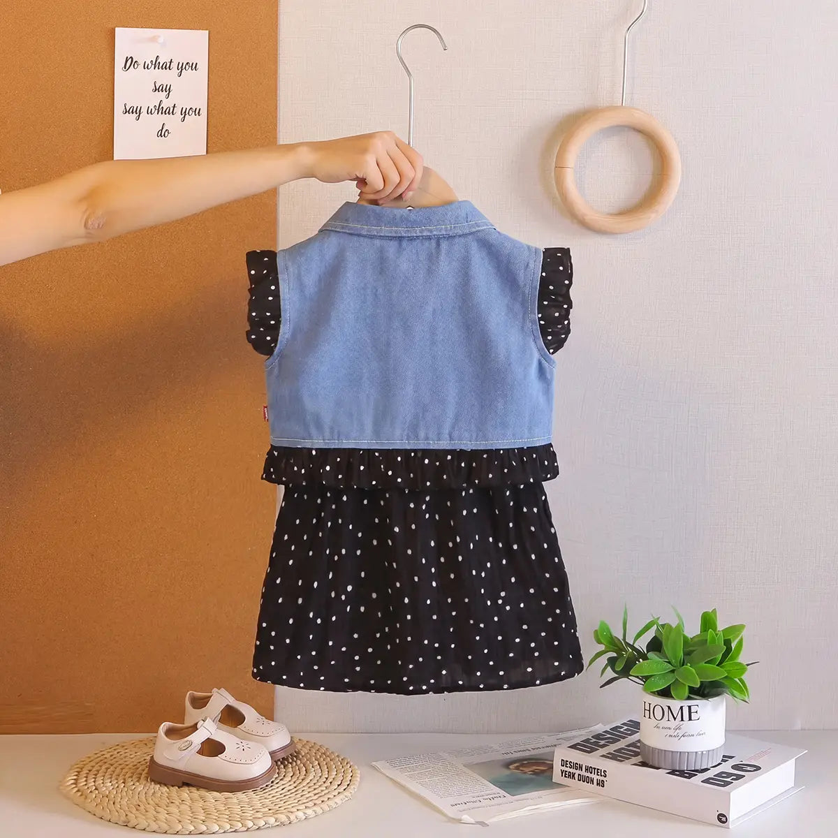Girls Black Polka Dot Spaghetti Strap A-line Dress with Denim Jacket Casual Dresses