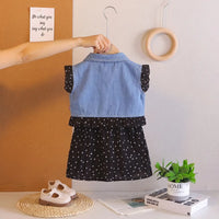 Girls Black Polka Dot Spaghetti Strap A-line Dress with Denim Jacket Casual Dresses