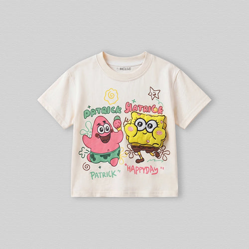 Boys Cream Spongebob Cartoon Print Short Sleeve T-Shirt Tshirts Cream 1-2 Y