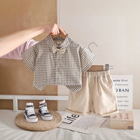 Boys Beige Checked Short Sleeve Shirt with Shorts Sets 2 pc. Sets Beige 1-2 Y