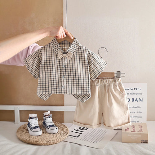 Boys Beige Checked Short Sleeve Shirt with Shorts Sets 2 pc. Sets Beige 1-2 Y