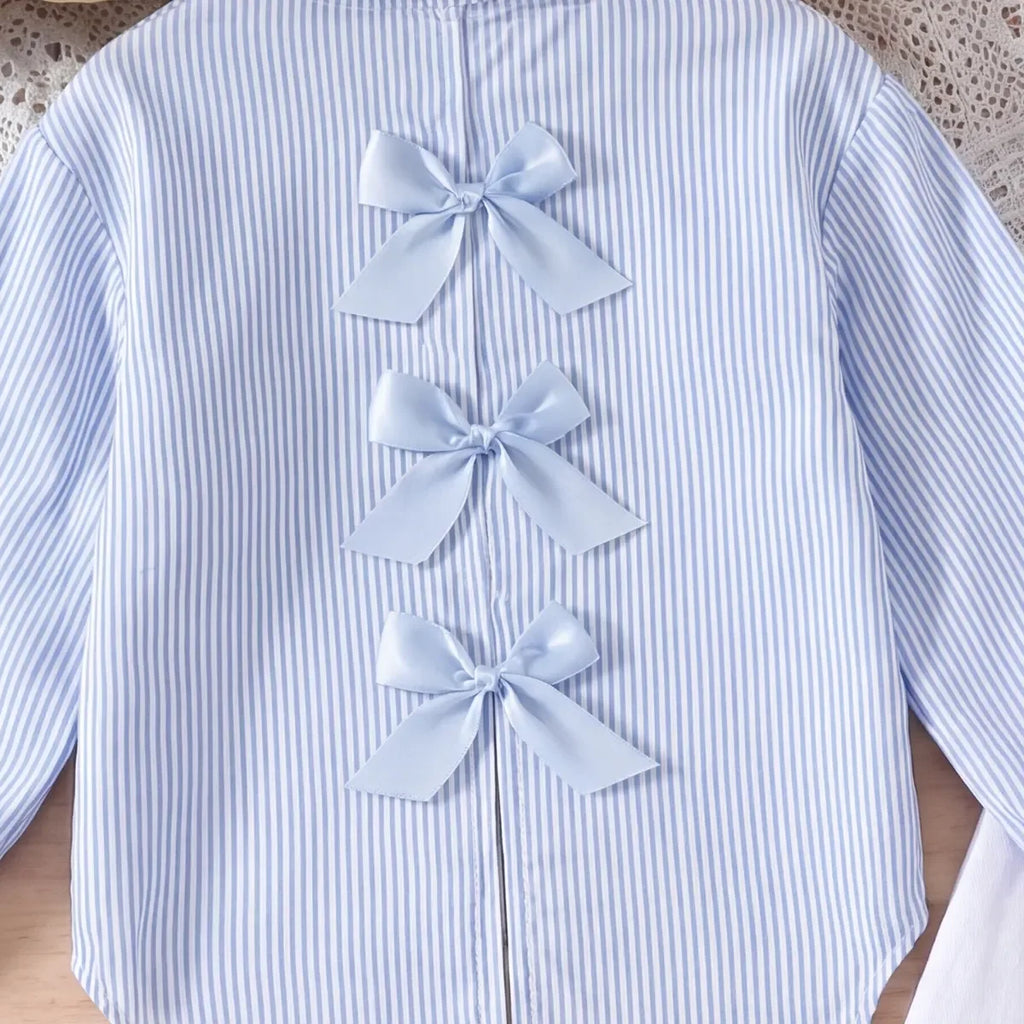 Girls Light Blue Striped High-Low Top With Pants Sets Sets