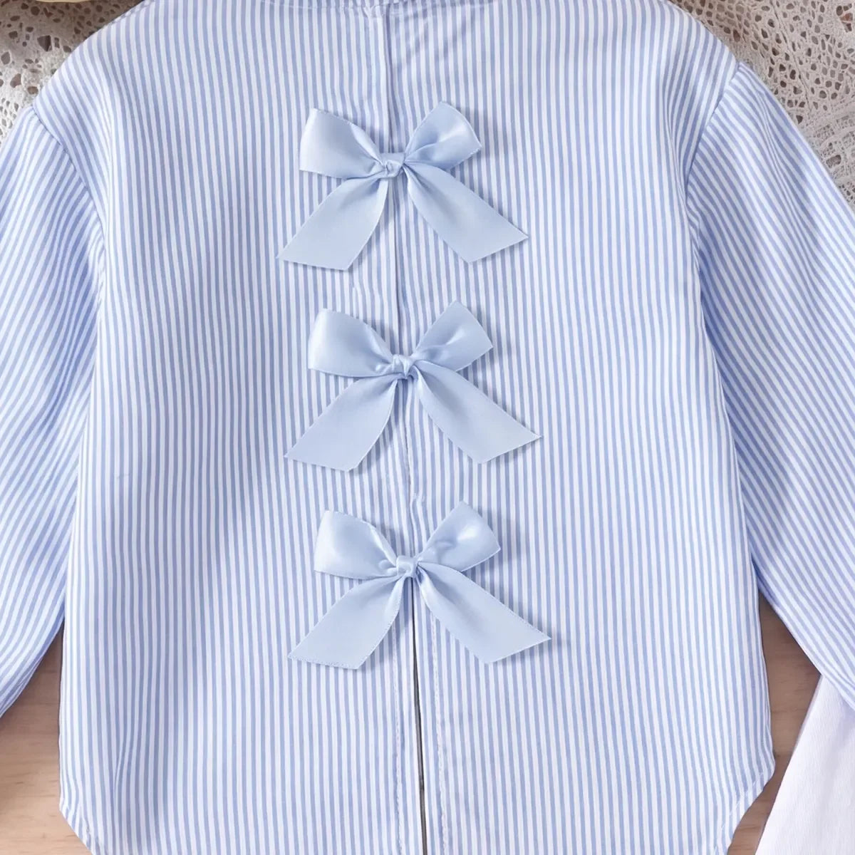 Girls Light Blue Striped High-Low Top With Pants Sets Sets