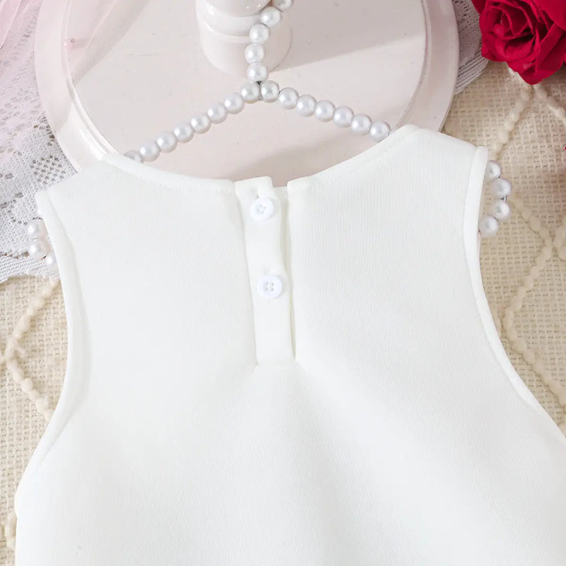 Girls White Sleeveless A-line Dress With Large 3D Flowers Applique Casual Dresses