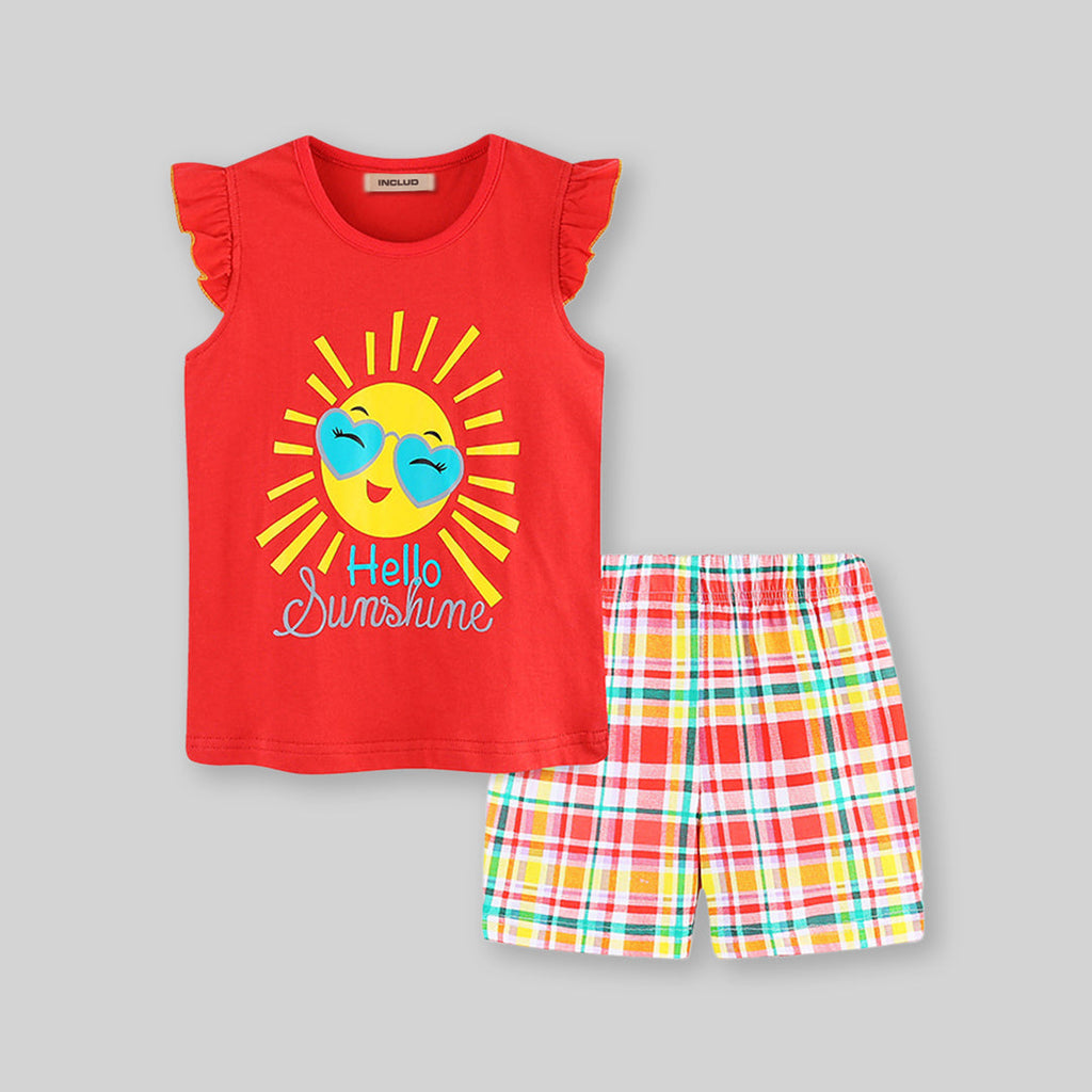 Girls Sun Graphic T-Shirt With Check Shorts Set