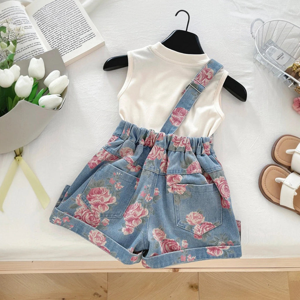 Girls Off White Sleeveless Top With Floral Print Dungaree Sets 2 pc. Sets