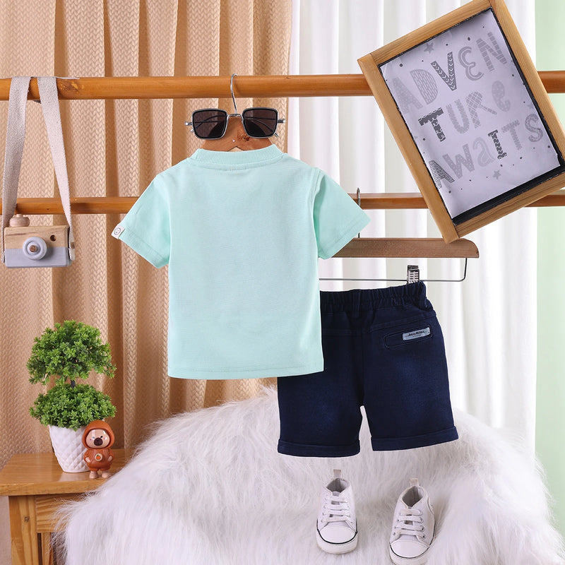 Boys Light Green Alphanumeric Printed T-Shirt With Shorts Sets 2 pc. Sets