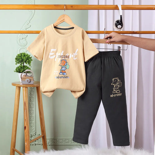 Boys Khaki Graphics Print T-Shirt With Elasticated Pants Sets Sets Khaki 2-3 Y