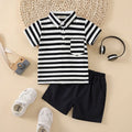 Boys Black Stripes Short Sleeves Polo T-Shirt With Shorts Set Sets Black 1-2 Y