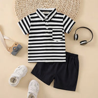 Boys Black Stripes Short Sleeves Polo T-Shirt With Shorts Set Sets Black 1-2 Y