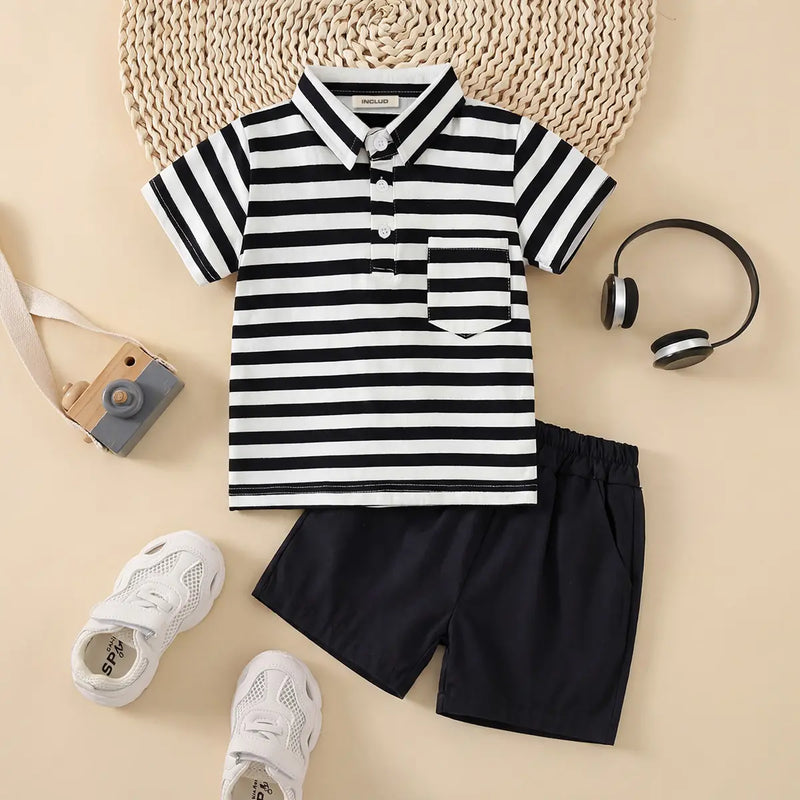 Boys Black Stripes Short Sleeves Polo T-Shirt With Shorts Set Sets Black 1-2 Y