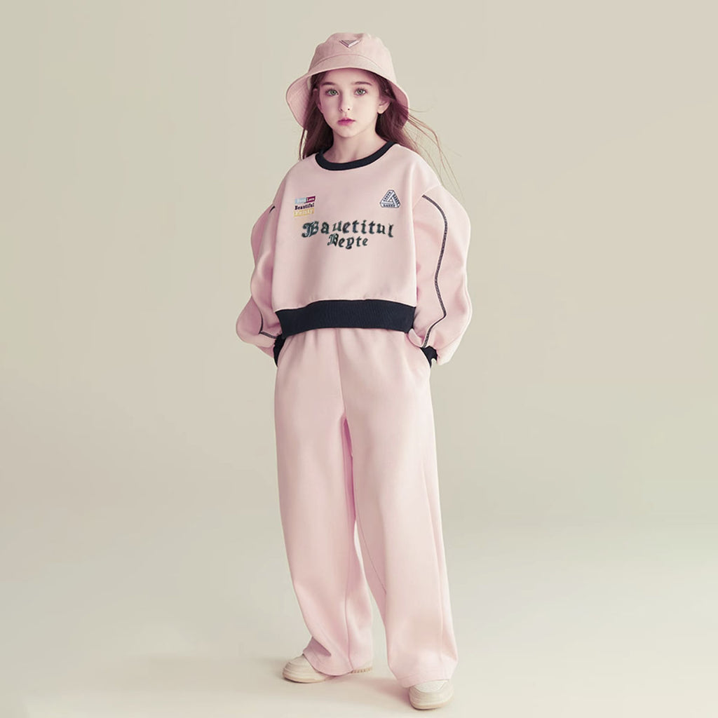 Girls Pink Typographic Printed Extended Sleeve Sweatshirt With Pants Sets 2 pc. Sets