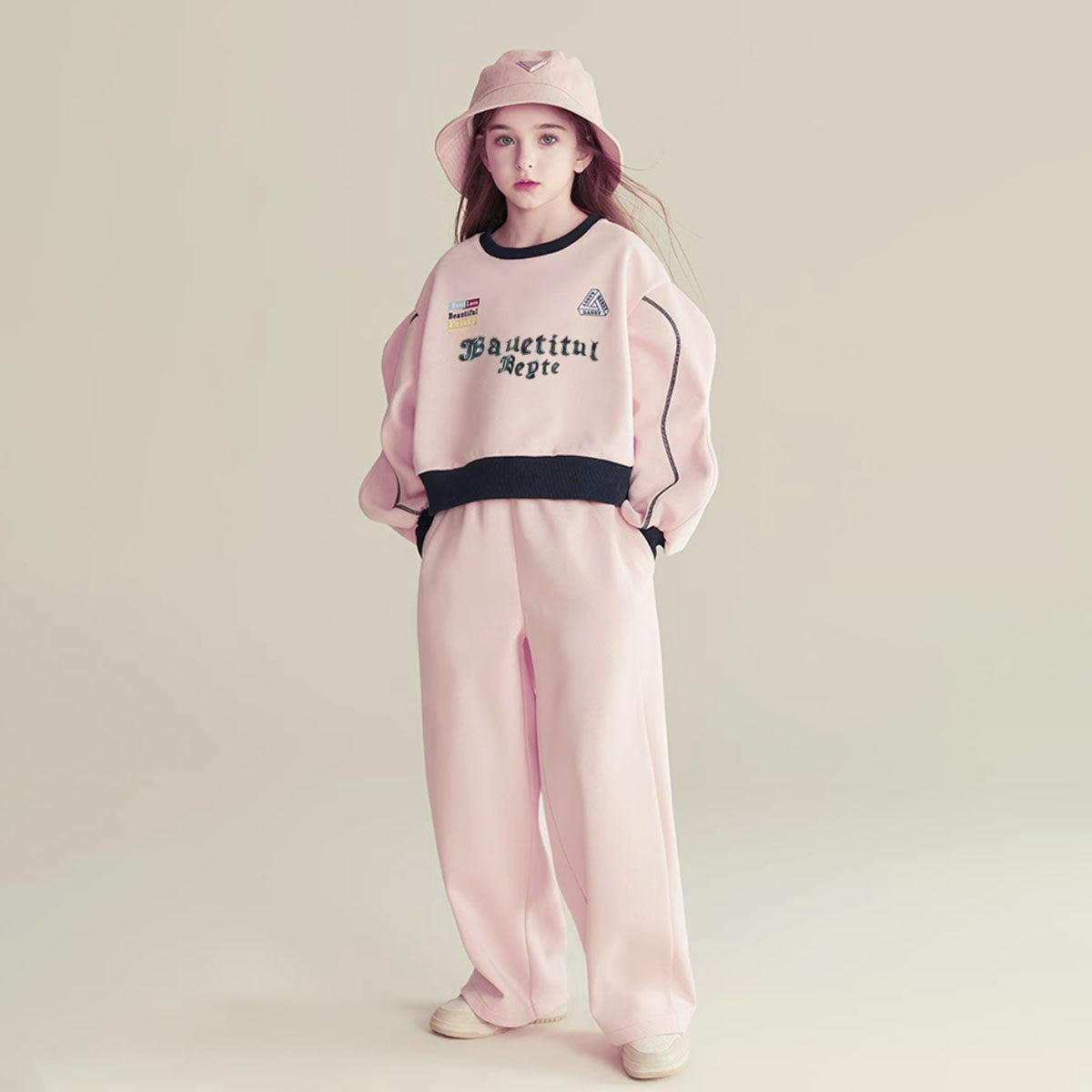 Girls Pink Typographic Printed Extended Sleeve Sweatshirt With Pants Sets 2 pc. Sets