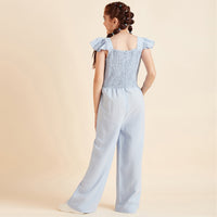 Girls Blue Sleeveless Long Length Jumpsuit With Smocking Jumpsuits