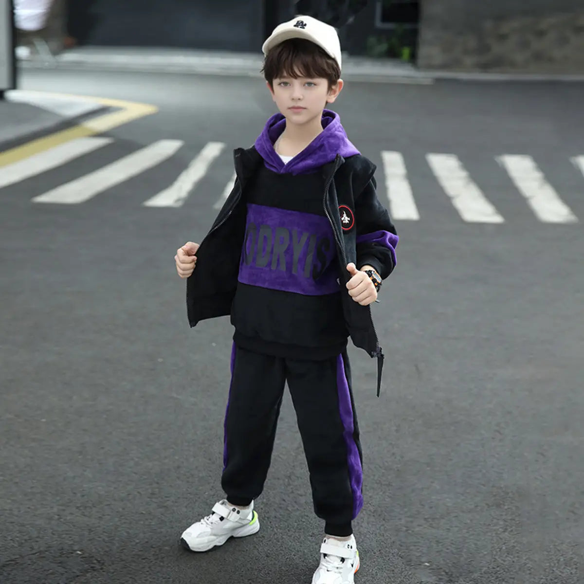 Boys Purple Typographic Printed Hooded Sweatshirt With Vest & Jogger Sets Sets