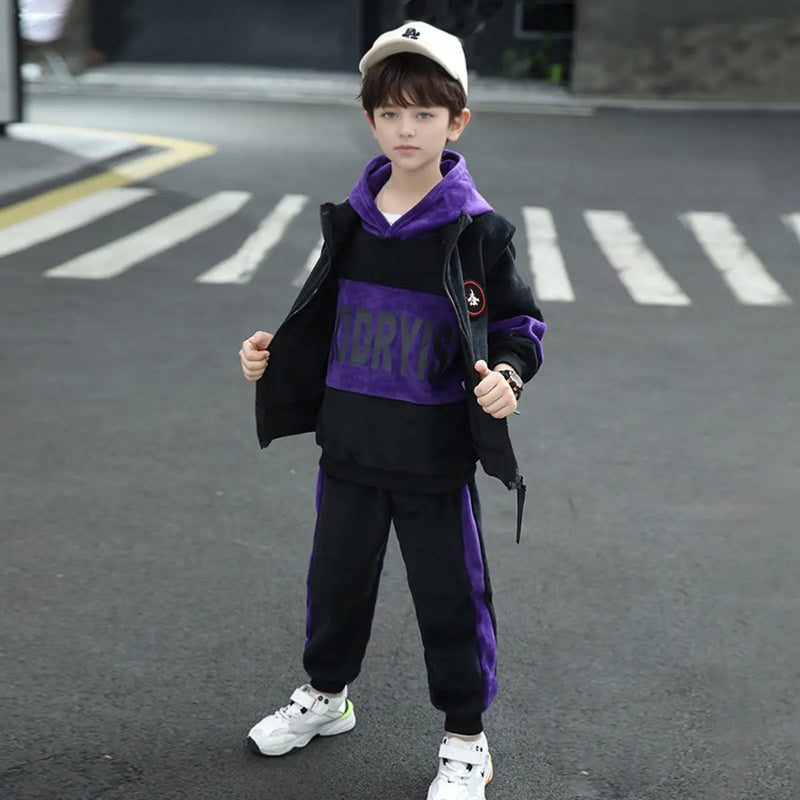 Boys Purple Typographic Printed Hooded Sweatshirt With Vest & Jogger Sets Sets