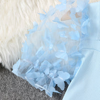 Girls Blue Butterfly Applique Puff Sleeve Top Tops