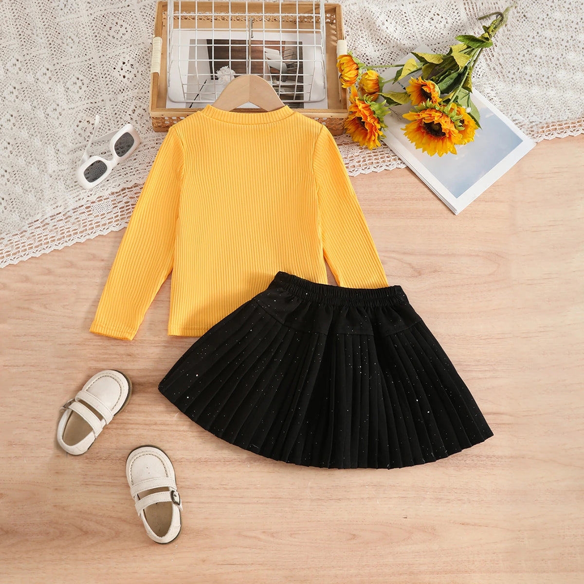 Girls Yellow Long Sleeves Top With Skirts Set Sets