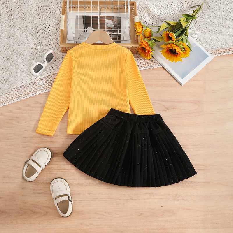 Girls Yellow Long Sleeves Top With Skirts Set Sets