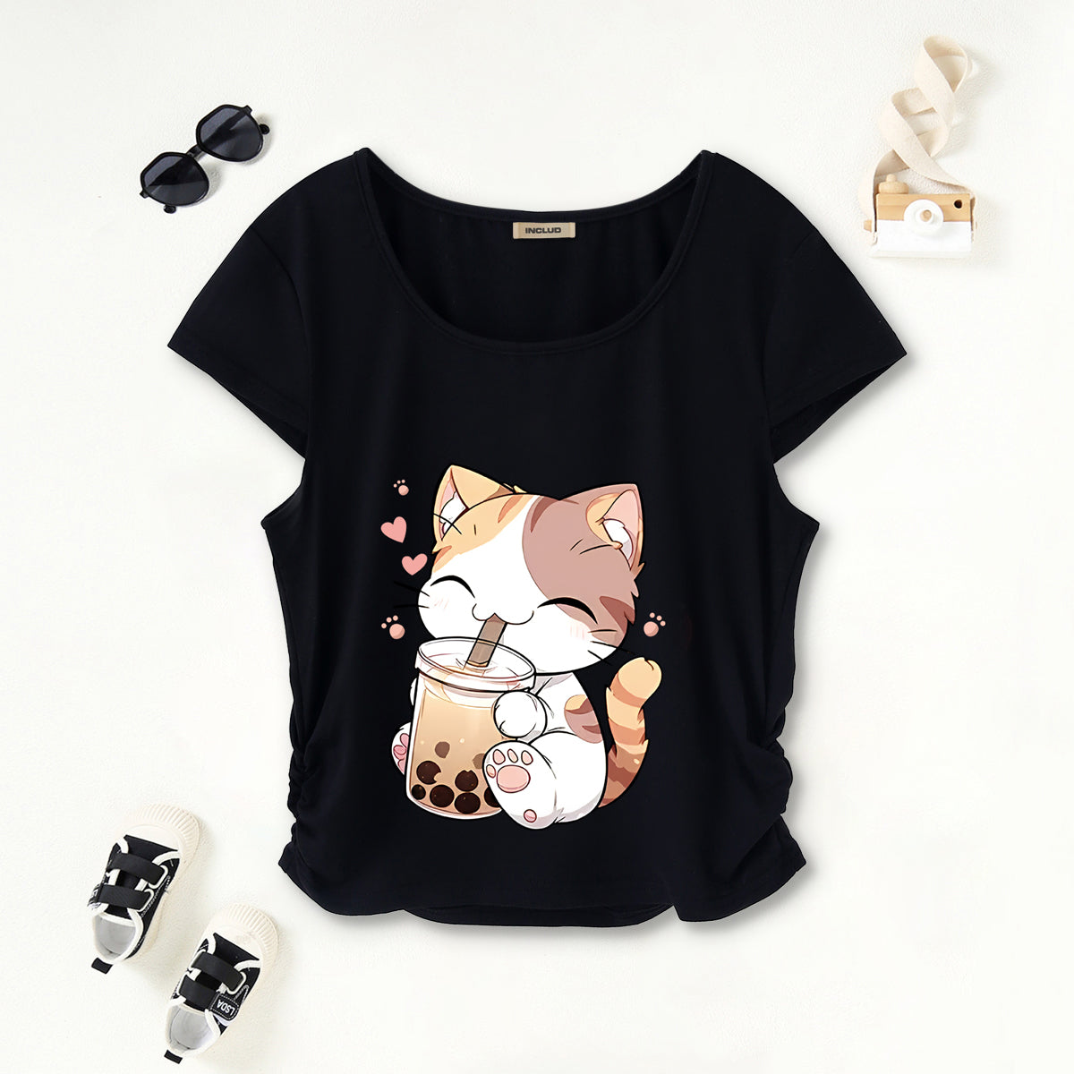 Girls Black Cat Graphic Short Sleeves Scoop Neck T-Shirt Tshirts Black 7-8 Y