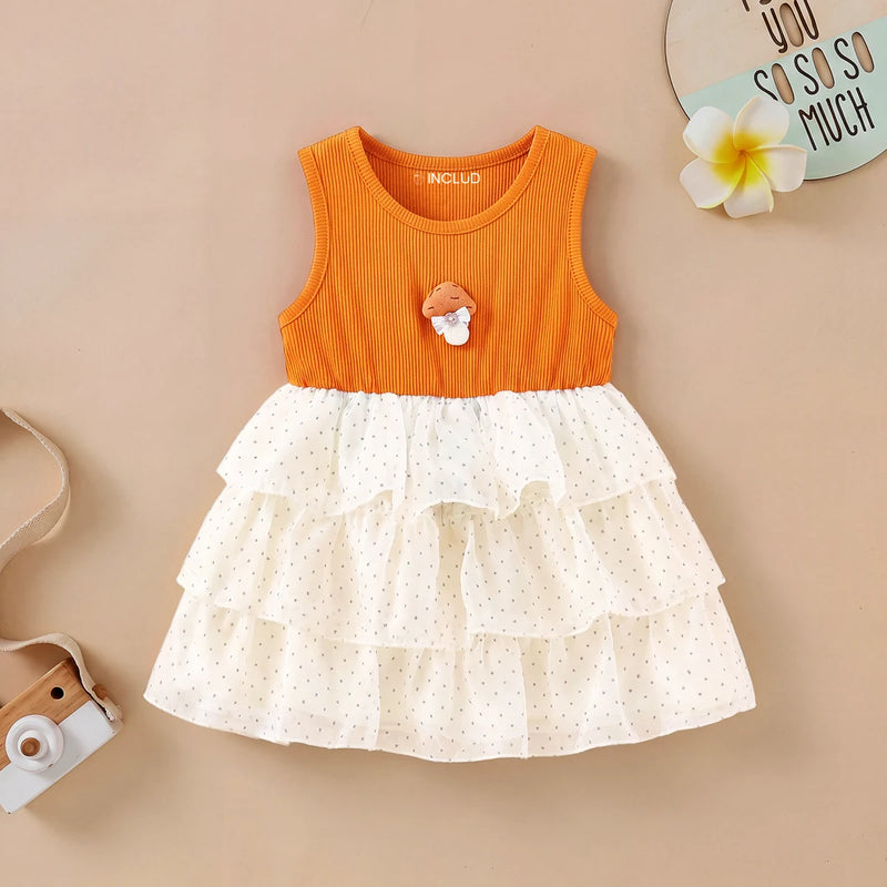 Girls Orange Polka Dot Print Fit & Flare Dress With Mushroom Applique Casual Dresses Orange 1-2 Y