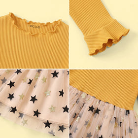 Girls Yellow Star Print Long Sleeve Fit & Flare Dress Casual Dresses