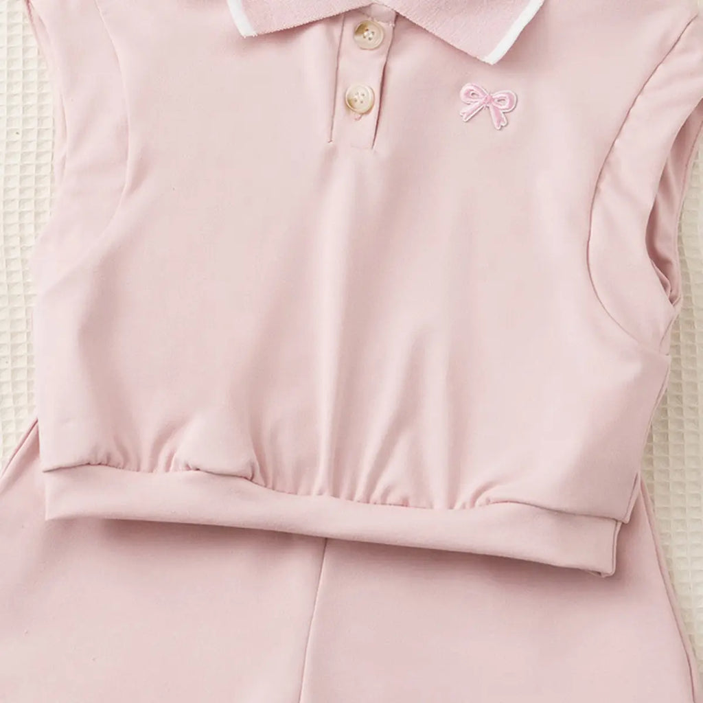 Girls Pink Bow Embroidered Sleeveless Polo Top With Shorts Co-ord Sets Sets