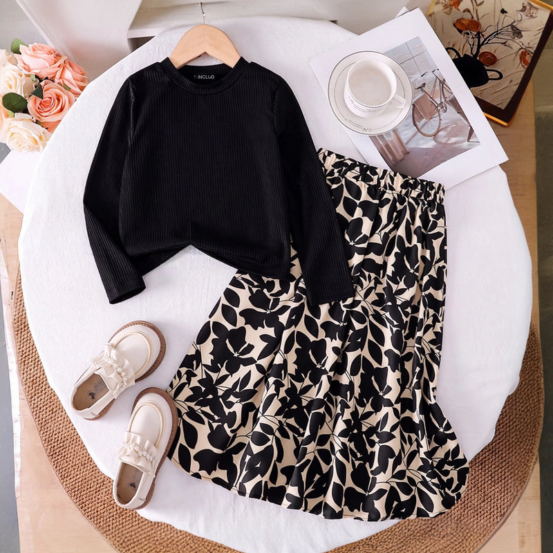Girls Black Ribbed Long Sleeve Top With Skirt Sets 2 pc. Sets Black 3-4 Y