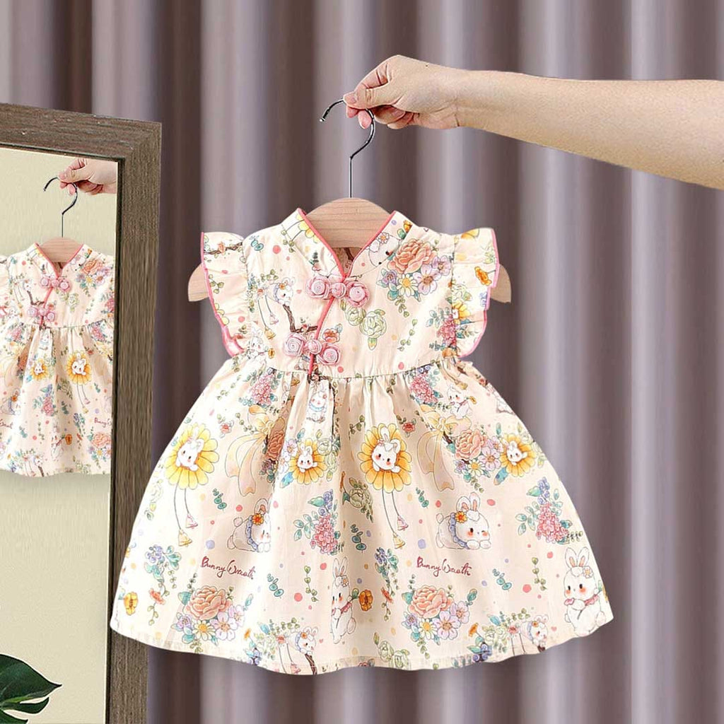 Girls Floral Print Short Sleeve Dress Casual Dresses Beige 1-2 Y 