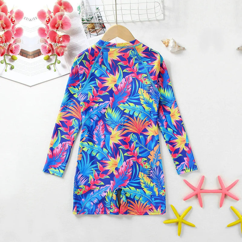Girls Blue Tropical Printed Swimwear Bodysuit Beachwear