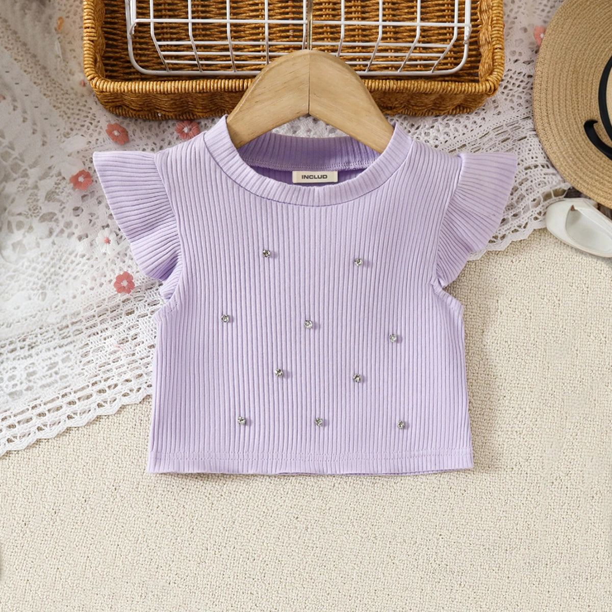 Girls Lilac Embellished Top With Floral Embroidered Denim Shorts Set Sets